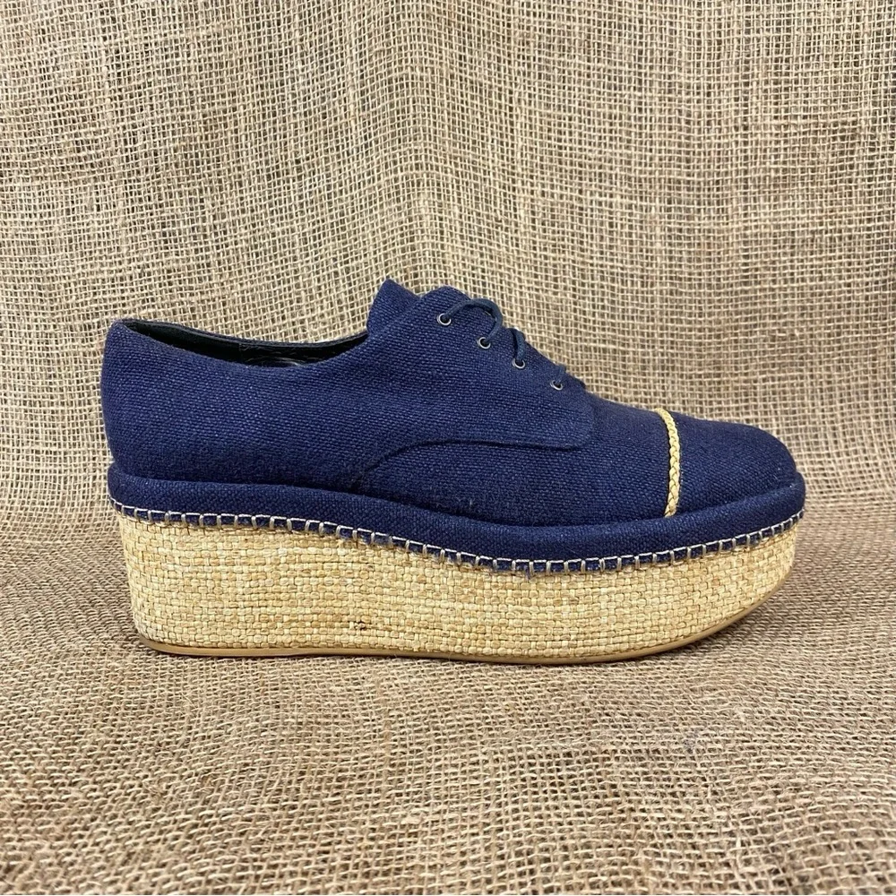 Stuart Weitzman Navy Blue Canvas Platform Espadrille Lace Up Oxford Shoes Size 9